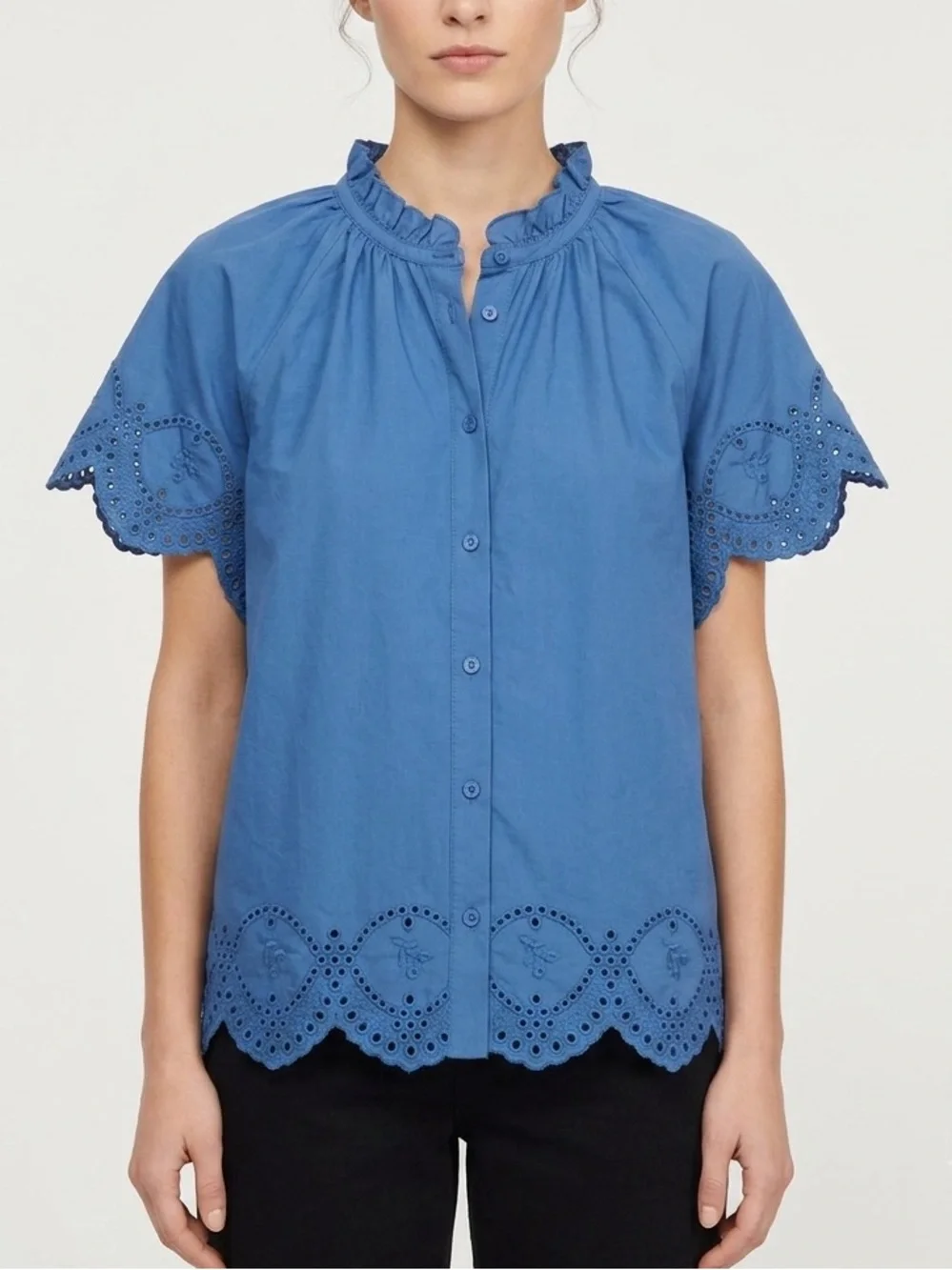 SUNDAYS Blue Eyelet Embroidered Ruffle Neck Top Small (AS IS Tear under arm)